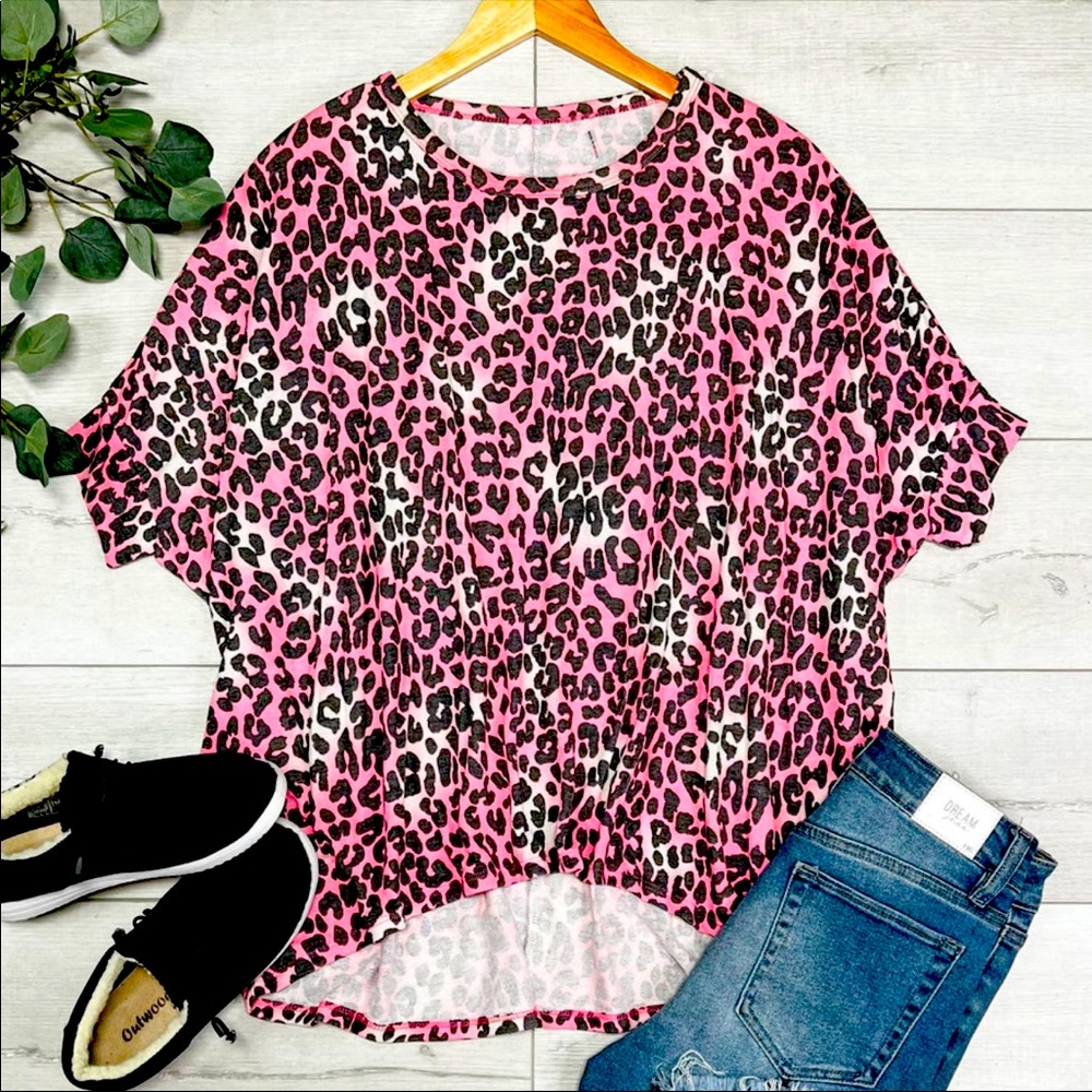 Leopard Print Hi-Lo Dolmen Top - HOT PINK